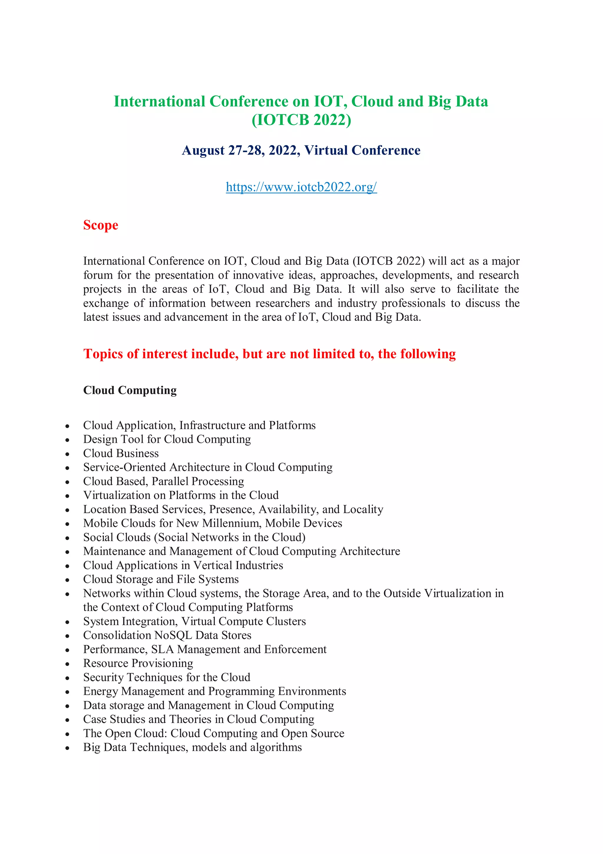 International Conference on IOT, Cloud and Big Data (IOTCB 2022) | PDF