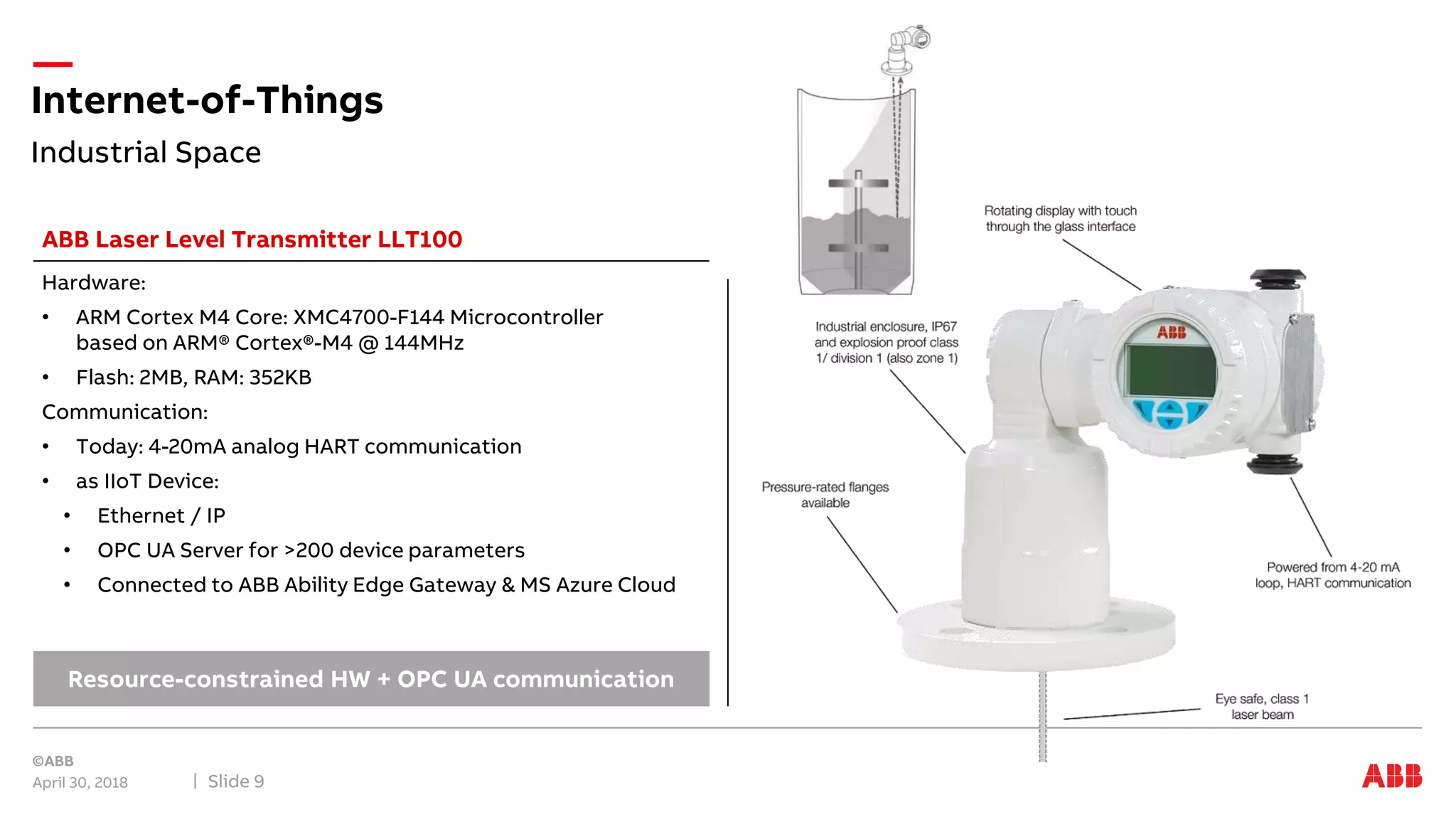 Industrial Space
Internet-of-Things
April 30, 2018 Slide 9
Hardware:
• ARM Cortex M4 Core: XMC4700-F144 Microcontroller
based on ARM® Cortex®-M4 @ 144MHz
• Flash: 2MB, RAM: 352KB
Communication:
• Today: 4-20mA analog HART communication
• as IIoT Device:
• Ethernet / IP
• OPC UA Server for >200 device parameters
• Connected to ABB Ability Edge Gateway & MS Azure Cloud
Resource-constrained HW + OPC UA communication
ABB Laser Level Transmitter LLT100
 