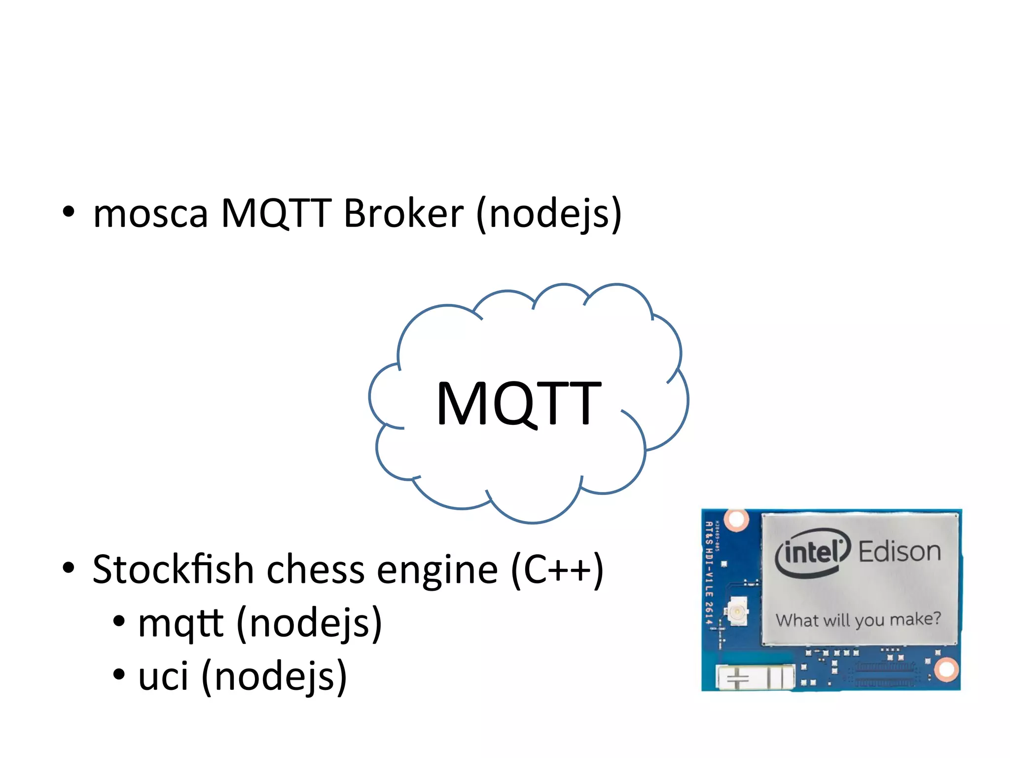 MQTT	
  
•  mosca	
  MQTT	
  Broker	
  (nodejs)	
  
•  Stockﬁsh	
  chess	
  engine	
  (C++)	
  
• 	
  mq`	
  (nodejs)	
  
• 	
  uci	
  (nodejs)	
  
	
  
 