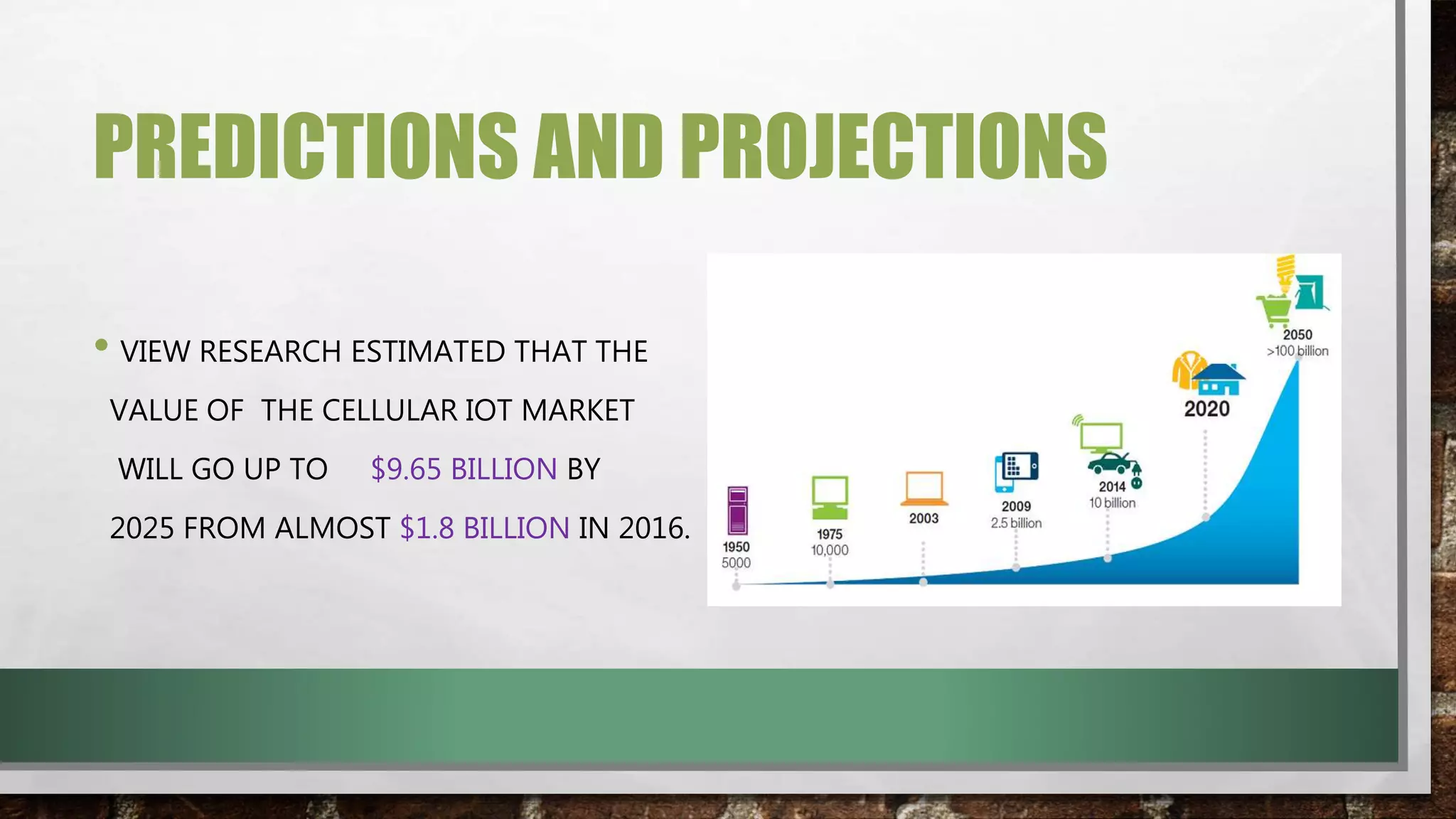 PREDICTIONS AND PROJECTIONS
• VIEW RESEARCH ESTIMATED THAT THE
VALUE OF THE CELLULAR IOT MARKET
WILL GO UP TO $9.65 BILLION BY
2025 FROM ALMOST $1.8 BILLION IN 2016.
 