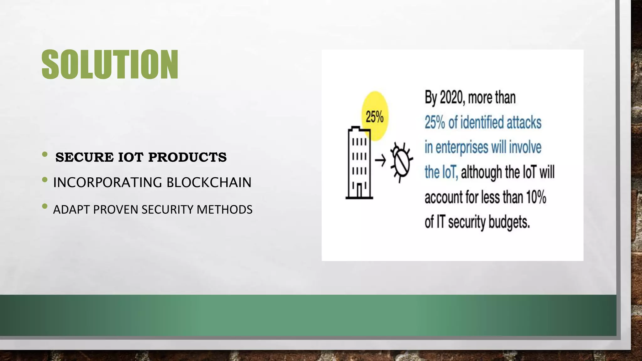 SOLUTION
• SECURE IOT PRODUCTS
• INCORPORATING BLOCKCHAIN
• ADAPT PROVEN SECURITY METHODS
 