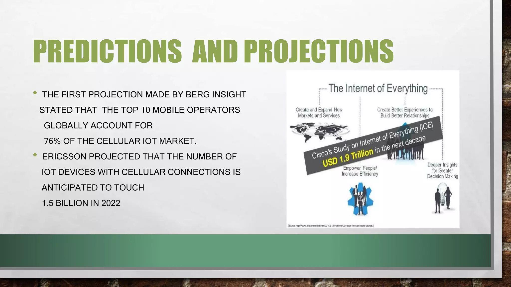 PREDICTIONS AND PROJECTIONS
• THE FIRST PROJECTION MADE BY BERG INSIGHT
STATED THAT THE TOP 10 MOBILE OPERATORS
GLOBALLY ACCOUNT FOR
76% OF THE CELLULAR IOT MARKET.
• ERICSSON PROJECTED THAT THE NUMBER OF
IOT DEVICES WITH CELLULAR CONNECTIONS IS
ANTICIPATED TO TOUCH
1.5 BILLION IN 2022
 