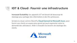 IOT & Cloud: Fournir une infrastructure
Increased Scalability: les appareils IoT ont besoin de beaucoup de
stockage pour partager des informations à des ﬁns précieuses.
Iot dans le cloud, comme StoneFly Cloud Connect to Microsoft Azure, peut
fournir aux clients un espace plus grand qui peut augmenter selon la
demande des utilisateurs. Aider à résoudre les besoins de stockage des
clients.
12
 