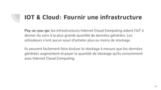 IOT & Cloud: Fournir une infrastructure
Pay-as-you-go: les infrastructures Internet Cloud Computing aident l'IoT à
donner du sens à la plus grande quantité de données générées. Les
utilisateurs n'ont aucun souci d'acheter plus ou moins de stockage.
Ils peuvent facilement faire évoluer le stockage à mesure que les données
générées augmentent et payer la quantité de stockage qu'ils consomment
avec Internet Cloud Computing.
14
 