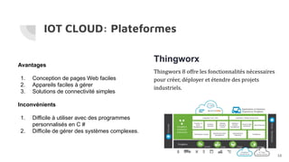 IOT CLOUD: Plateformes
Thingworx
Thingworx 8 offre les fonctionnalités nécessaires
pour créer, déployer et étendre des projets
industriels.
Avantages
1. Conception de pages Web faciles
2. Appareils faciles à gérer
3. Solutions de connectivité simples
Inconvénients
1. Difficile à utiliser avec des programmes
personnalisés en C #
2. Difficile de gérer des systèmes complexes.
16
 