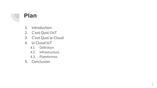 Plan
1. Introduction
2. C’est Quoi l’IoT
3. C’est Quoi le Cloud
4. le Cloud IoT
4.1. Déﬁnition
4.2. Infrastructure
4.3. Plateformes
5. Conclusion
2
 