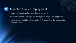 Monolith Service Deployment
• Always involves deployment of the entire service
• For major schema changes the deployment might take long hours
• Deployment checklist is huge and only few people in the team might
know about it
 