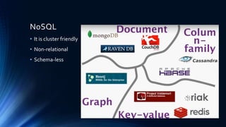 NoSQL
• It is cluster friendly
• Non-relational
• Schema-less
 