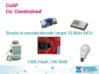 CoAP 
Co: Constrained 
Simple to encode/decode: target 1$ 8bits MCU 
100K Flash, 10K RAM 
 