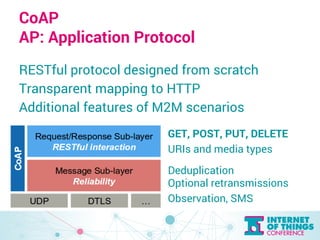 CoAP 
AP: Application Protocol 
RESTful protocol designed from scratch 
Transparent mapping to HTTP 
Additional features o...