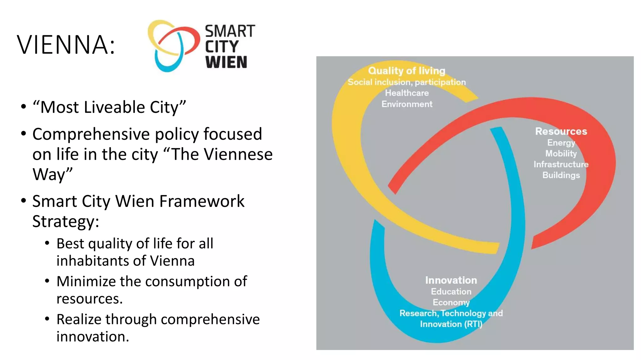 VIENNA:
• “Most Liveable City”
• Comprehensive policy focused
on life in the city “The Viennese
Way”
• Smart City Wien Framework
Strategy:
• Best quality of life for all
inhabitants of Vienna
• Minimize the consumption of
resources.
• Realize through comprehensive
innovation.
 