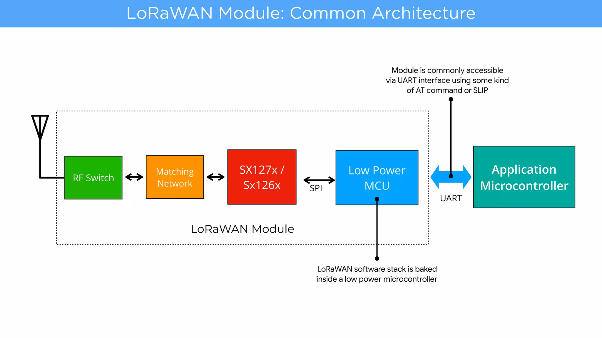LoRaWAN Module: Common Architecture
Low Power
MCU
Matching
Network
SX127x /
Sx126x
RF Switch
SPI
UART
Application
Microcontroller
LoRaWAN Module
LoRaWAN so<ware stack is baked 

inside a low power microcontroller
Module is commonly accessible 

via UART intecace using some kind  
of AT command or SLIP
 
