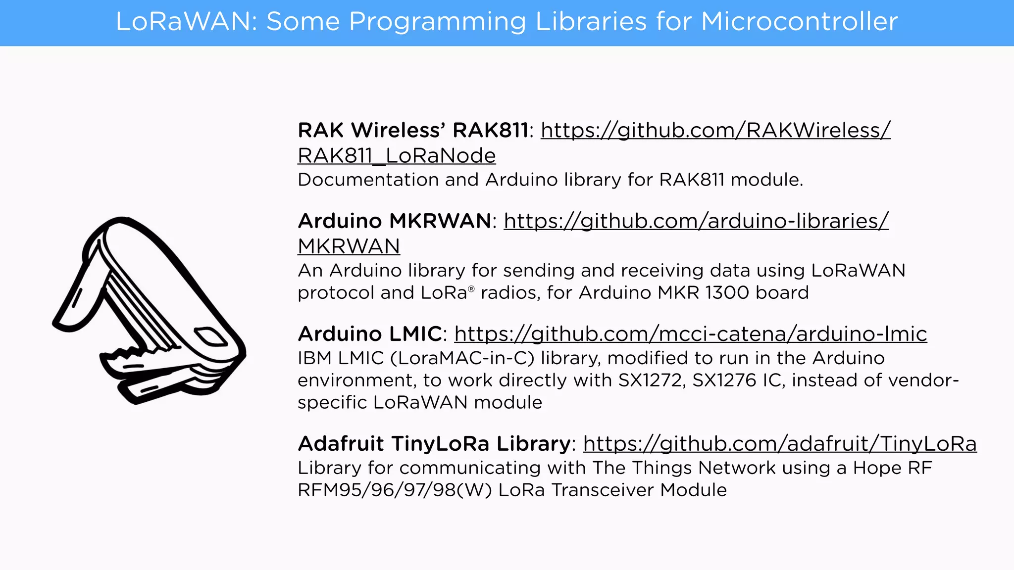 RAK Wireless’ RAK811: https://github.com/RAKWireless/
RAK811_LoRaNode  
Documentation and Arduino library for RAK811 module.
Arduino MKRWAN: https://github.com/arduino-libraries/
MKRWAN  
An Arduino library for sending and receiving data using LoRaWAN
protocol and LoRa® radios, for Arduino MKR 1300 board
Arduino LMIC: https://github.com/mcci-catena/arduino-lmic 
IBM LMIC (LoraMAC-in-C) library, modiﬁed to run in the Arduino
environment, to work directly with SX1272, SX1276 IC, instead of vendor-
speciﬁc LoRaWAN module
Adafruit TinyLoRa Library: https://github.com/adafruit/TinyLoRa 
Library for communicating with The Things Network using a Hope RF
RFM95/96/97/98(W) LoRa Transceiver Module
LoRaWAN: Some Programming Libraries for Microcontroller
 