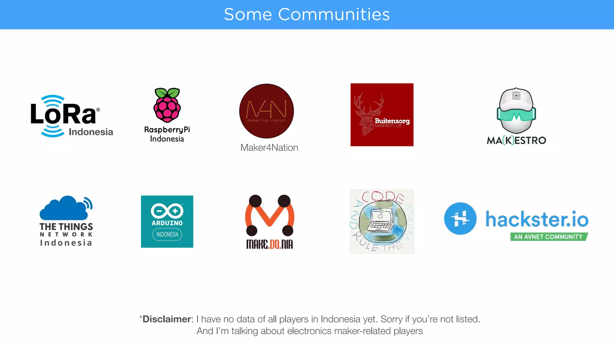 *Disclaimer: I have no data of all players in Indonesia yet. Sorry if you’re not listed.
And I’m talking about electronics maker-related players
Some Communities
Indonesia
I n d o n e s i a
Maker4Nation
Indonesia
 
