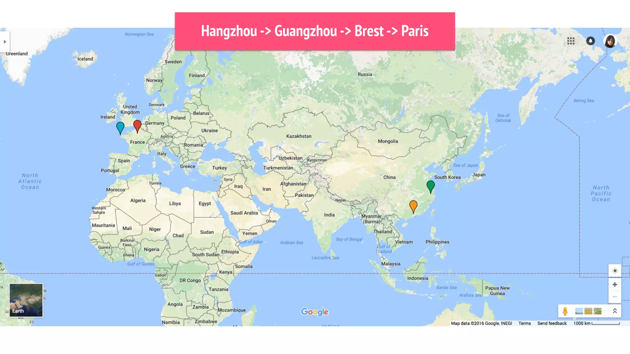 Hangzhou -> Guangzhou -> Brest -> Paris
 