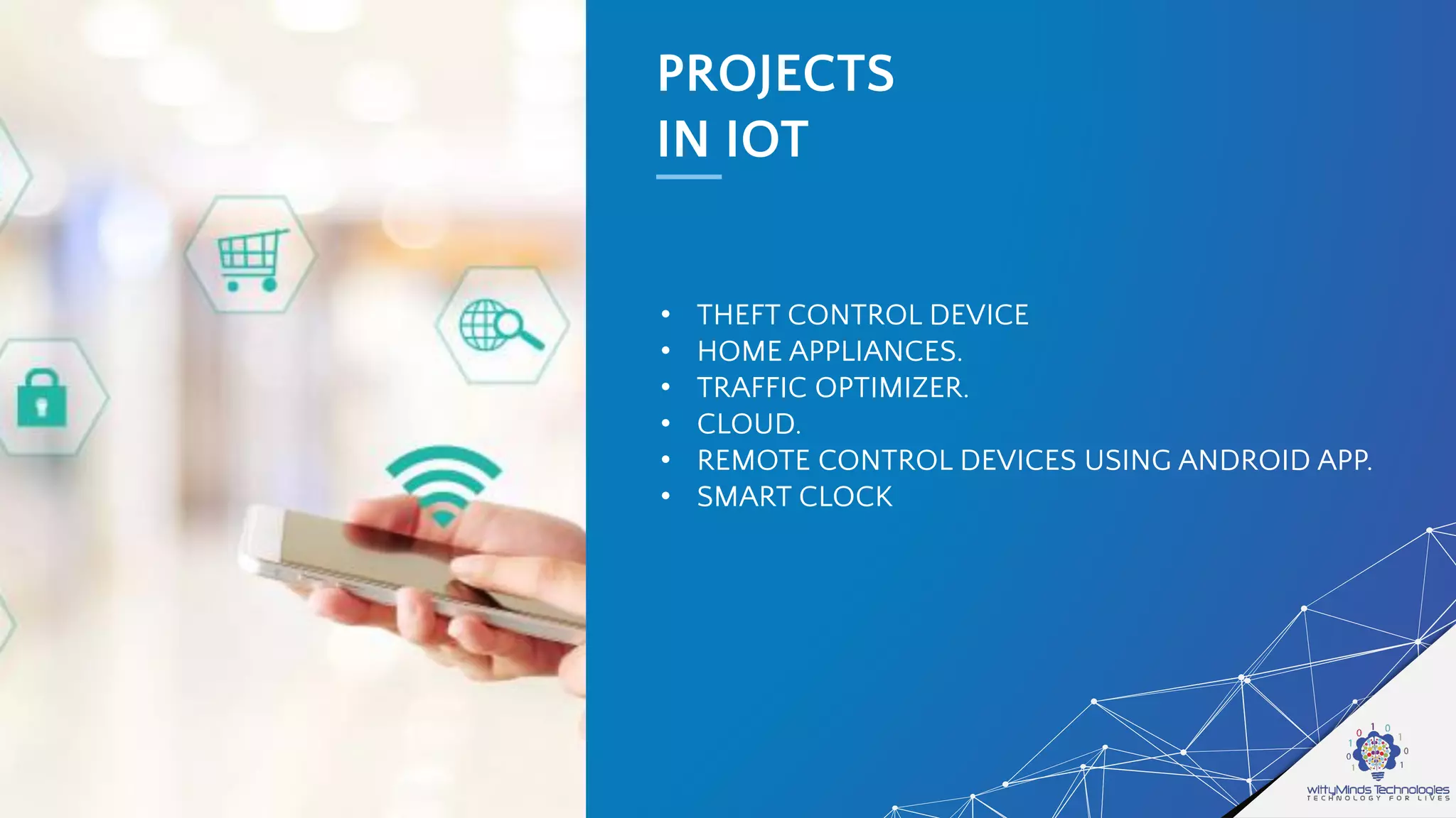 PROJECTS
IN IOT
• THEFT CONTROL DEVICE
• HOME APPLIANCES.
• TRAFFIC OPTIMIZER.
• CLOUD.
• REMOTE CONTROL DEVICES USING ANDROID APP.
• SMART CLOCK
 