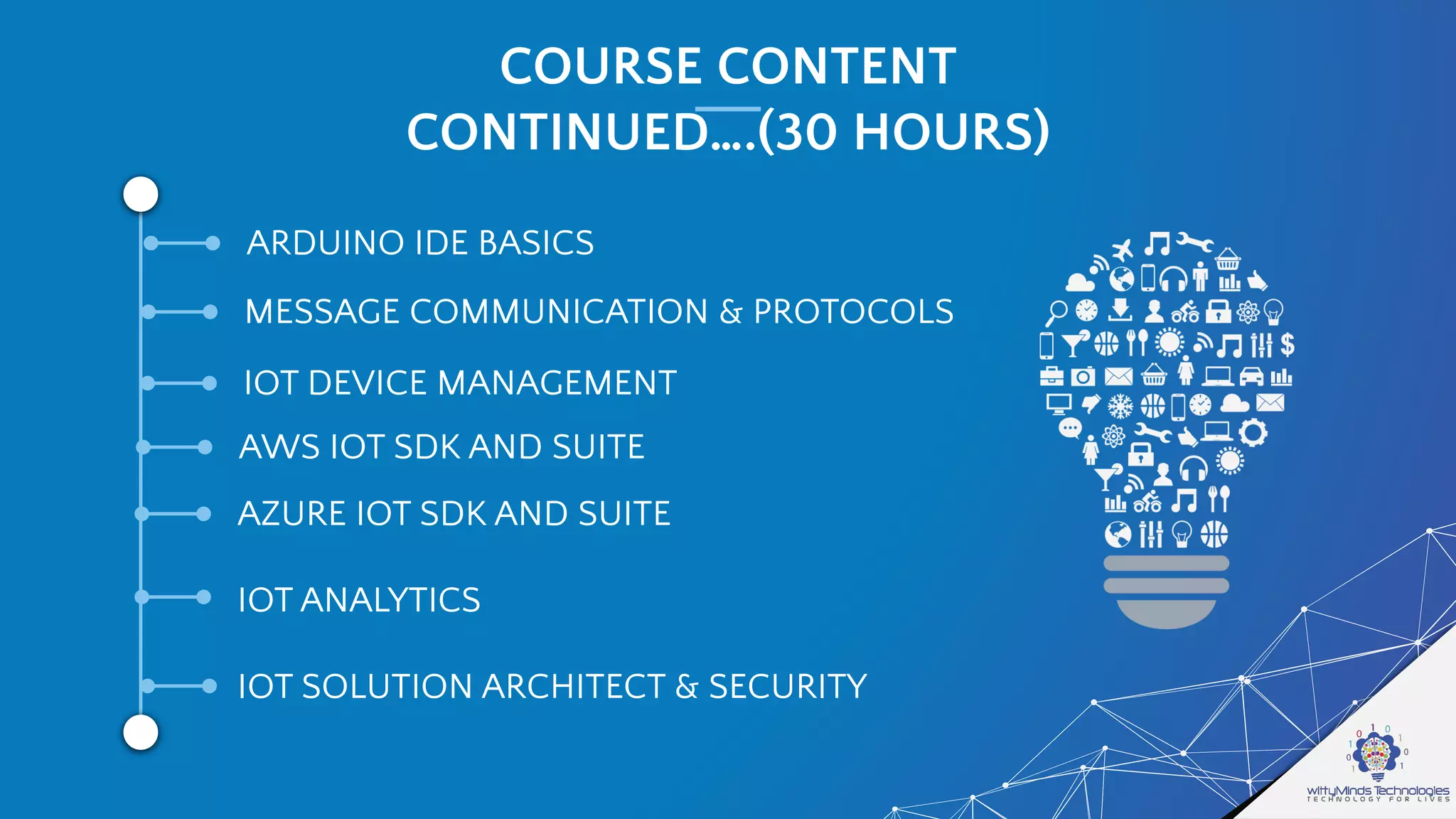 COURSE CONTENT
CONTINUED….(30 HOURS)
ARDUINO IDE BASICS
MESSAGE COMMUNICATION & PROTOCOLS
IOT DEVICE MANAGEMENT
AWS IOT SDK AND SUITE
AZURE IOT SDK AND SUITE
IOT ANALYTICS
IOT SOLUTION ARCHITECT & SECURITY
 