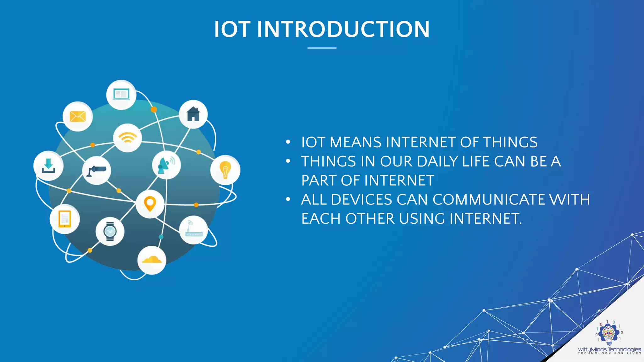 IOT INTRODUCTION
• IOT MEANS INTERNET OF THINGS
• THINGS IN OUR DAILY LIFE CAN BE A
PART OF INTERNET
• ALL DEVICES CAN COMMUNICATE WITH
EACH OTHER USING INTERNET.
 