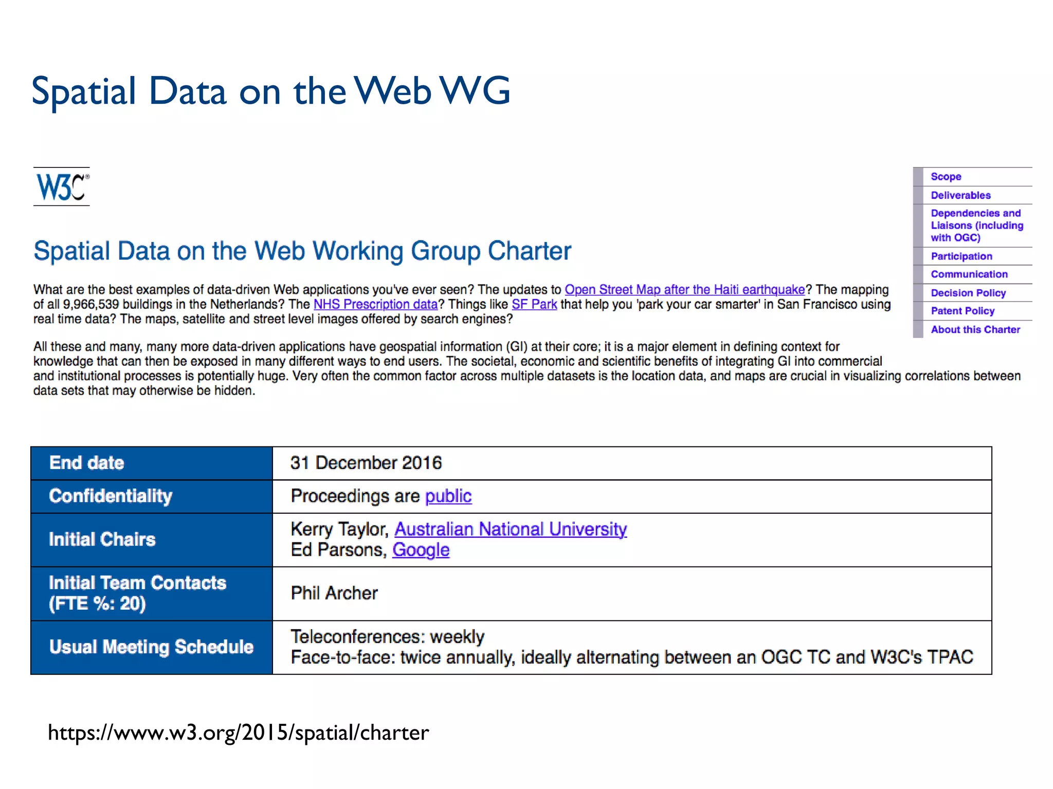 Spatial Data on the Web WG
https://www.w3.org/2015/spatial/charter
 