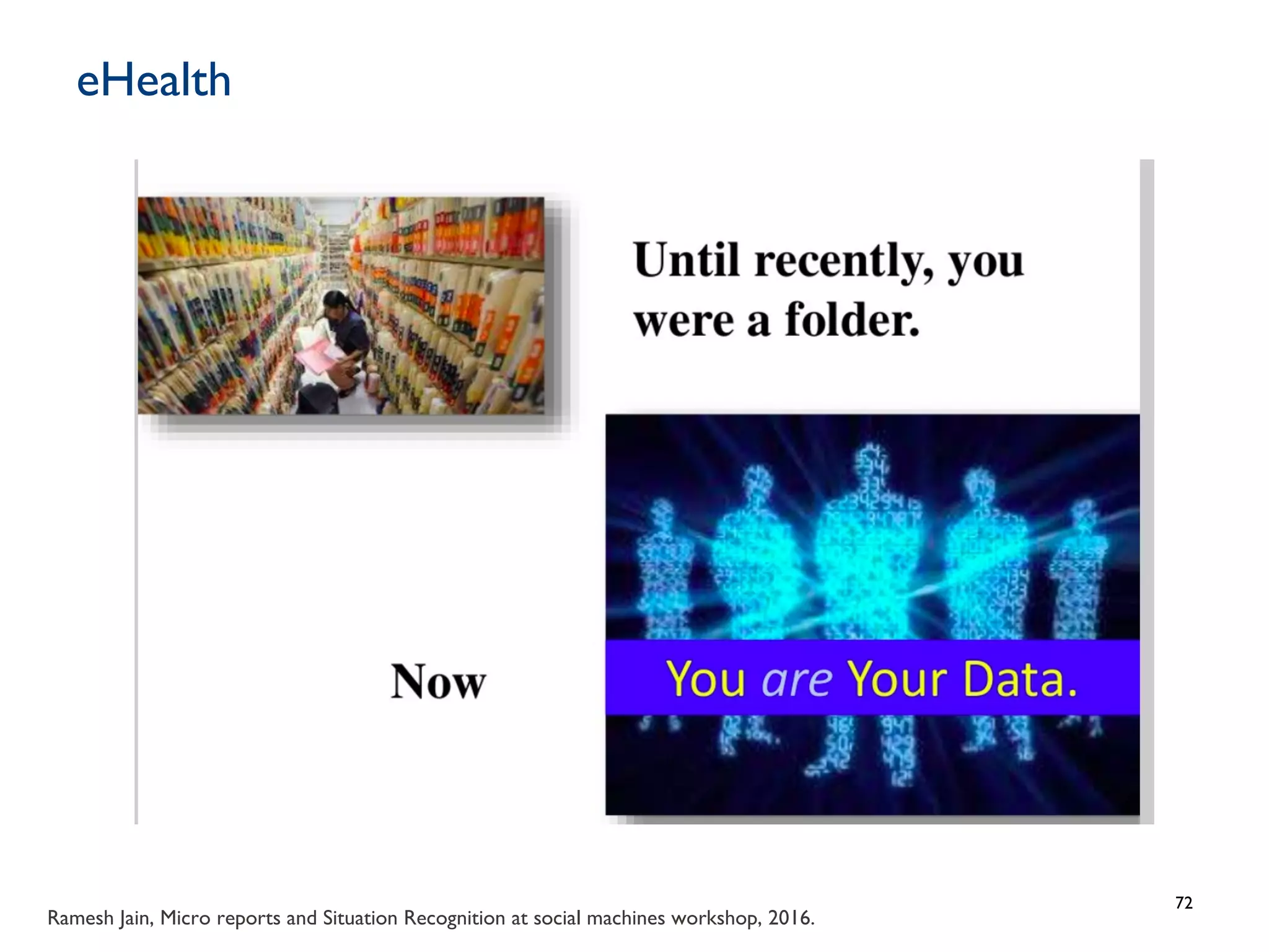 eHealth
72
Ramesh Jain, Micro reports and Situation Recognition at social machines workshop, 2016.
 