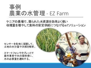 事例
農業の水管理 - EZ Farm
ケニアの農場で、限られた水資源を効率よく使い
収穫量を増やして食料の安定供給につなげるIoTソリューション
センサーを各地に配置して、
土地の水分量や天候を解析。
スマートフォンやタブレットで
農作業者や水の提供者に、
水の必要量を通知する。
 