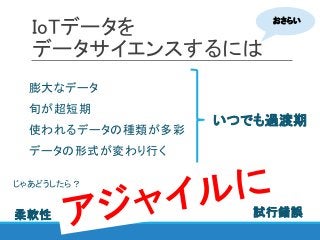 IoTデータを
データサイエンスするには
旬が超短期
膨大なデータ
使われるデータの種類が多彩
データの形式が変わり行く
いつでも過渡期
試行錯誤
おさらい
柔軟性
じゃあどうしたら？
 