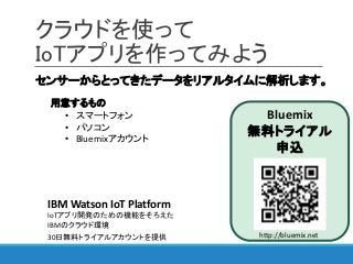 クラウドを使って
IoTアプリを作ってみよう
センサーからとってきたデータをリアルタイムに解析します。
• スマートフォン
• パソコン
• Bluemixアカウント
用意するもの
Bluemix
無料トライアル
申込
IBM Watson IoT Platform
IoTアプリ開発のための機能をそろえた
IBMのクラウド環境
30日無料トライアルアカウントを提供 http://bluemix.net
 
