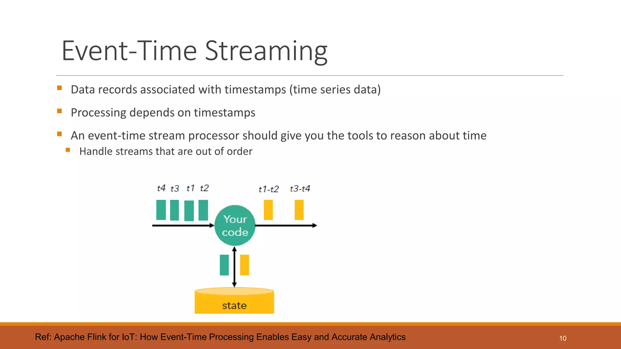 Event-Time Streaming
 Data records associated with timestamps (time series data)
 Processing depends on timestamps
 An event-time stream processor should give you the tools to reason about time
 Handle streams that are out of order
10Ref: Apache Flink for IoT: How Event-Time Processing Enables Easy and Accurate Analytics
 