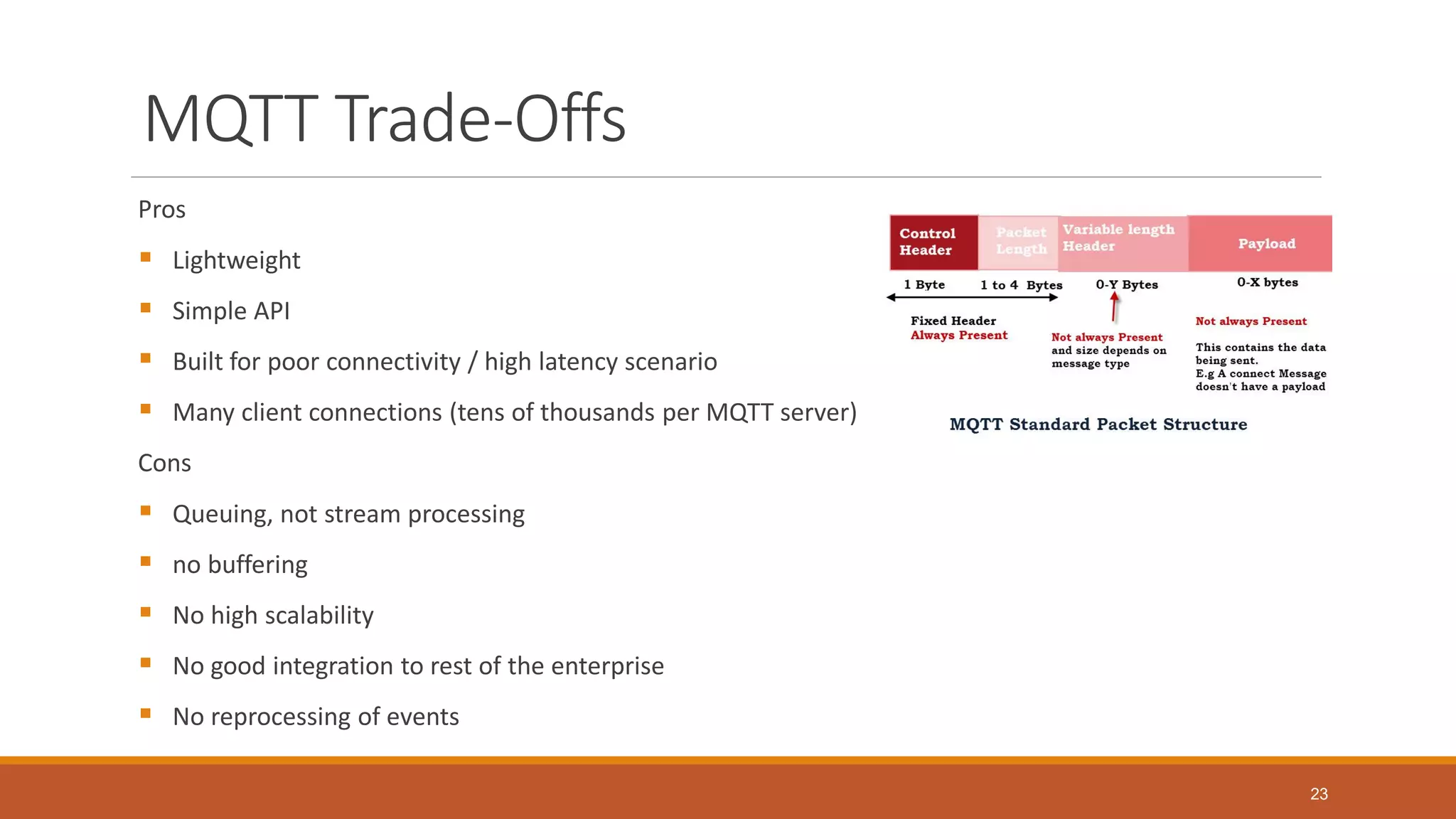 MQTT Trade-Offs
Pros
 Lightweight
 Simple API
 Built for poor connectivity / high latency scenario
 Many client connections (tens of thousands per MQTT server)
Cons
 Queuing, not stream processing
 no buffering
 No high scalability
 No good integration to rest of the enterprise
 No reprocessing of events
23
 