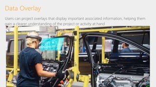 Data Overlay
Users can project overlays that display important associated information, helping them
gain a clearer understanding of the project or activity at hand
 