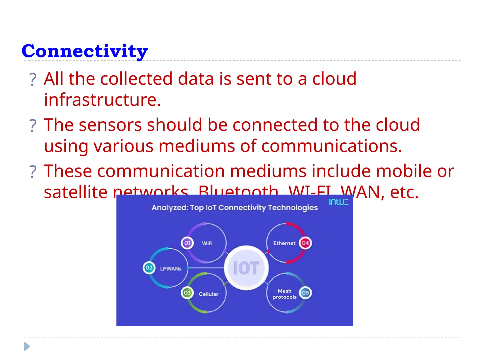Connectivity
? All the collected data is sent to a cloud
infrastructure.
? The sensors should be connected to the cloud
using various mediums of communications.
? These communication mediums include mobile or
satellite networks, Bluetooth, WI-FI, WAN, etc.
 