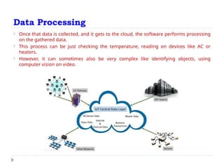 Data Processing
? Once that data is collected, and it gets to the cloud, the software performs processing
on the gathered data.
? This process can be just checking the temperature, reading on devices like AC or
heaters.
? However, it can sometimes also be very complex like identifying objects, using
computer vision on video.
 