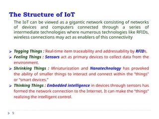 The Structure of IoT
9
The IoT can be viewed as a gigantic network consisting of networks
of devices and computers connected through a series of
intermediate technologies where numerous technologies like RFIDs,
wireless connections may act as enablers of this connectivity
⮚ Tagging Things : Real-time item traceability and addressability by RFIDs.
⮚ Feeling Things : Sensors act as primary devices to collect data from the
environment.
⮚ Shrinking Things : Miniaturization and Nanotechnology has provoked
the ability of smaller things to interact and connect within the “things”
or “smart devices.”
⮚ Thinking Things : Embedded intelligence in devices through sensors has
formed the network connection to the Internet. It can make the “things”
realizing the intelligent control.
 