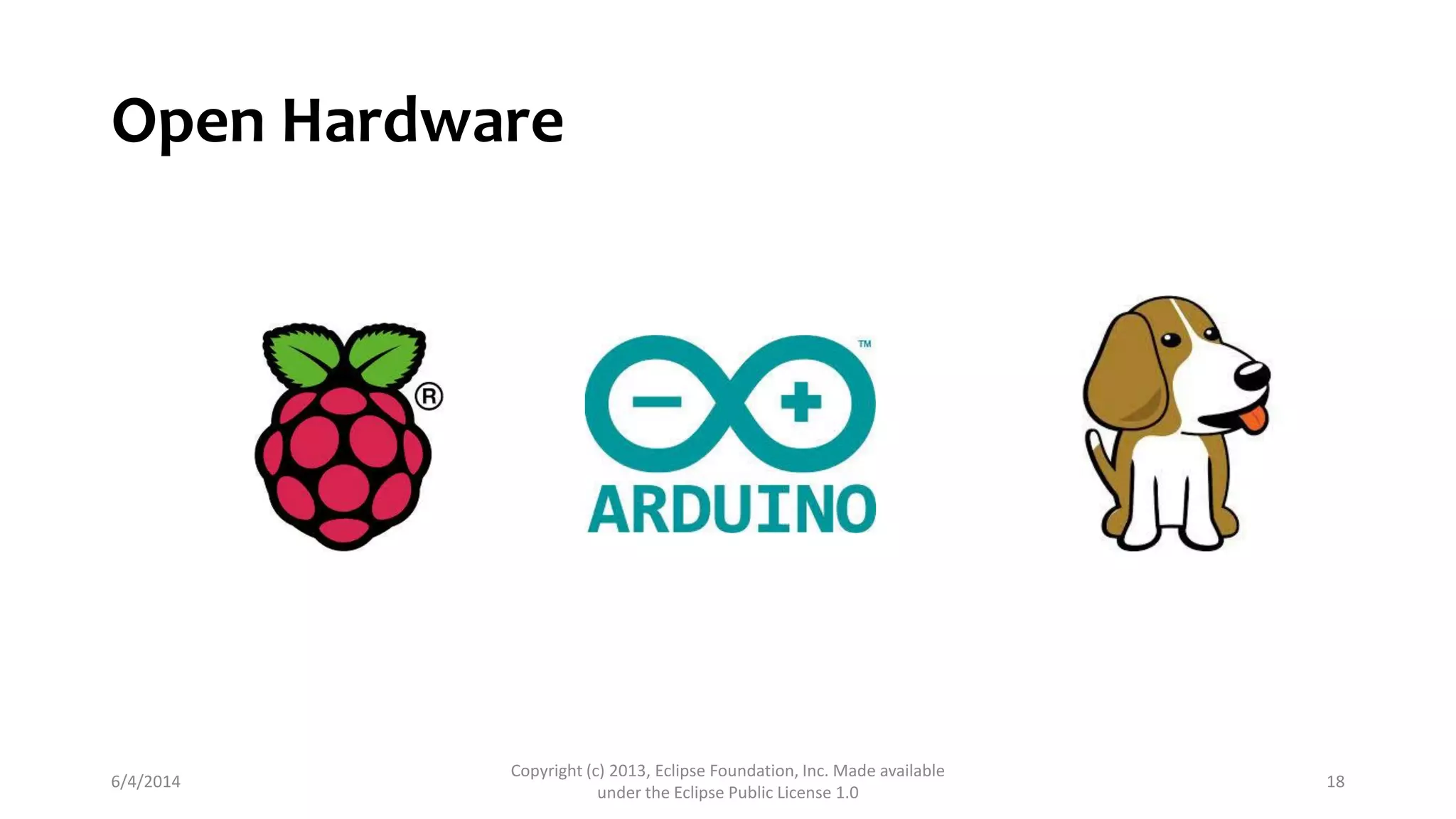 Open Hardware
6/4/2014
Copyright (c) 2013, Eclipse Foundation, Inc. Made available
under the Eclipse Public License 1.0
18
 