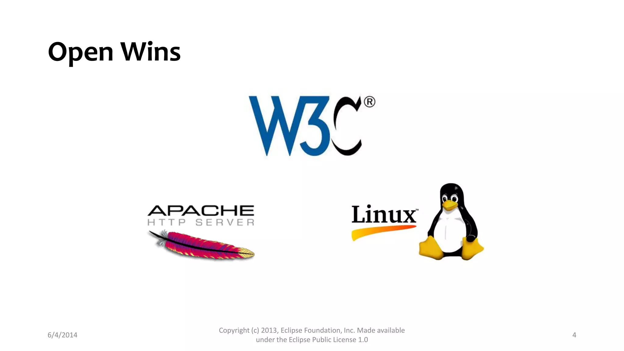 Open Wins
6/4/2014
Copyright (c) 2013, Eclipse Foundation, Inc. Made available
under the Eclipse Public License 1.0
4
 