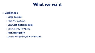 What we want
� Challenges
� Large Volume
� High Throughput
� Low Cost (historical data)
� Low Latency for Query
� Fast Aggregation
� Query-Analysis hybrid workloads
 