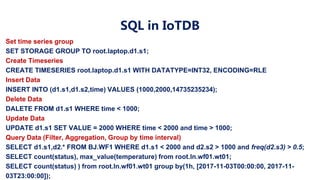 Set time series group
SET STORAGE GROUP TO root.laptop.d1.s1;
Create Timeseries
CREATE TIMESERIES root.laptop.d1.s1 WITH DATATYPE=INT32, ENCODING=RLE
Insert Data
INSERT INTO (d1.s1,d1.s2,time) VALUES (1000,2000,14735235234);
Delete Data
DALETE FROM d1.s1 WHERE time < 1000;
Update Data
UPDATE d1.s1 SET VALUE = 2000 WHERE time < 2000 and time > 1000;
Query Data (Filter, Aggregation, Group by time interval)
SELECT d1.s1,d2.* FROM BJ.WF1 WHERE d1.s1 < 2000 and d2.s2 > 1000 and freq(d2.s3) > 0.5;
SELECT count(status), max_value(temperature) from root.ln.wf01.wt01;
SELECT count(status) ) from root.ln.wf01.wt01 group by(1h, [2017-11-03T00:00:00, 2017-11-
03T23:00:00]);
SQL in IoTDB
 