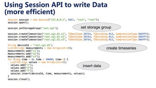 Using Session API to write Data
(more efficient)
set storage group
create timeseries
insert data
 