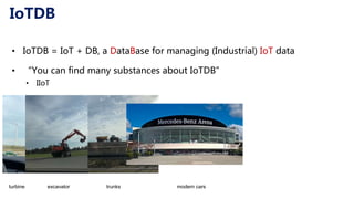 IoTDB
• IoTDB = IoT + DB, a DataBase for managing (Industrial) IoT data
• “You can find many substances about IoTDB”
• IIoT
turbine excavator trunks modern cars
 