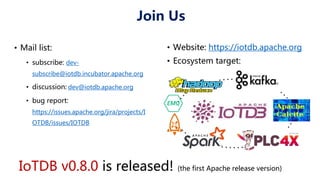 Join Us
• Mail list:
• subscribe: dev-
subscribe@iotdb.incubator.apache.org
• discussion: dev@iotdb.apache.org
• bug report:
https://issues.apache.org/jira/projects/I
OTDB/issues/IOTDB
• Website: https://iotdb.apache.org
• Ecosystem target:
IoTDB v0.8.0 is released! (the first Apache release version)
 
