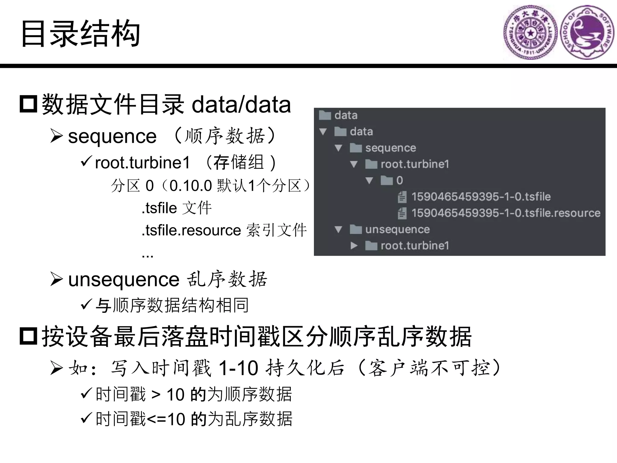 目录结构
数据文件目录 data/data
sequence （顺序数据）
root.turbine1 （存储组）
分区 0（0.10.0 默认1个分区）
.tsfile 文件
.tsfile.resource 索引文件
...
unsequence 乱序数据
与顺序数据结构相同
按设备最后落盘时间戳区分顺序乱序数据
如：写入时间戳 1-10 持久化后（客户端不可控）
时间戳 > 10 的为顺序数据
时间戳<=10 的为乱序数据
 