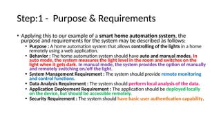 System Purpose. Examples Applying this to our example of a smart home automation system, the ...
