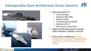 Interoperable Open Architecture Across Systems
• Next-generation of
– Lockheed Aegis
– Raytheon DDG 1000
– Raytheon SSDS
– LCS (Lockheed and GDAIS)
– Raytheon LPD-17
– Many more, US and allies
• Highly distributed systems include
radar, weapons, displays, controls
• Data-centric middleware breaks
vendor lock-in, drives interoperability
,and future-proofs the architectural
design
©2015 Real-Time Innovations, Inc.
 