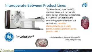 Interoperate Between Product Lines
©2015 Real-Time Innovations, Inc.
Revolution®
"GE Healthcare chose the DDS
standard because it can handle
many classes of intelligent machines.
RTI Connext DDS satisfies the
demanding requirements of our
devices and supports
standardization on a single
communications platform across
product lines."
-- J Gustavo Perez, General Manager for
MI&CT Engineering
 