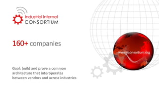 160+ companies
Goal: build and prove a common
architecture that interoperates
between vendors and across industries
 