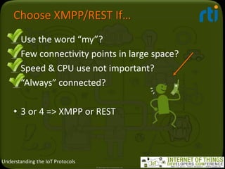 Understanding the IoT Protocols
Choose XMPP/REST If…
• Use the word “my”?
• Few connectivity points in large space?
• Spee...