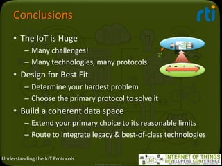 Understanding the IoT Protocols
Conclusions
• The IoT is Huge
– Many challenges!
– Many technologies, many protocols
• Des...