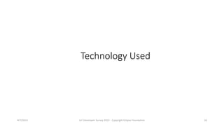 Technology Used
4/7/2015 IoT Developer Survey 2015 - Copyright Eclipse Foundation 16
 