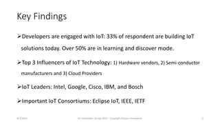 Key Findings
Developers are engaged with IoT: 33% of respondent are building IoT
solutions today. Over 50% are in learning and discover mode.
Top 3 Influencers of IoT Technology: 1) Hardware vendors, 2) Semi-conductor
manufacturers and 3) Cloud Providers
IoT Leaders: Intel, Google, Cisco, IBM, and Bosch
Important IoT Consortiums: Eclipse IoT, IEEE, IETF
4/7/2015 IoT Developer Survey 2015 - Copyright Eclipse Foundation 3
 