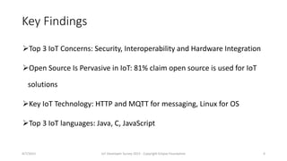 Key Findings
Top 3 IoT Concerns: Security, Interoperability and Hardware Integration
Open Source Is Pervasive in IoT: 81% claim open source is used for IoT
solutions
Key IoT Technology: HTTP and MQTT for messaging, Linux for OS
Top 3 IoT languages: Java, C, JavaScript
4/7/2015 IoT Developer Survey 2015 - Copyright Eclipse Foundation 4
 